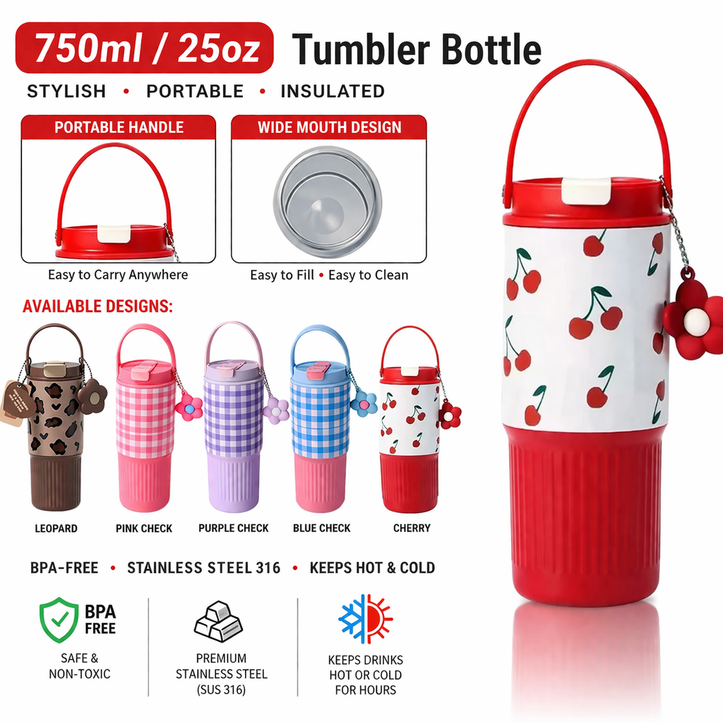 🌸 Aesthetic Insulated Tumbler Bottle with Handle 750ml