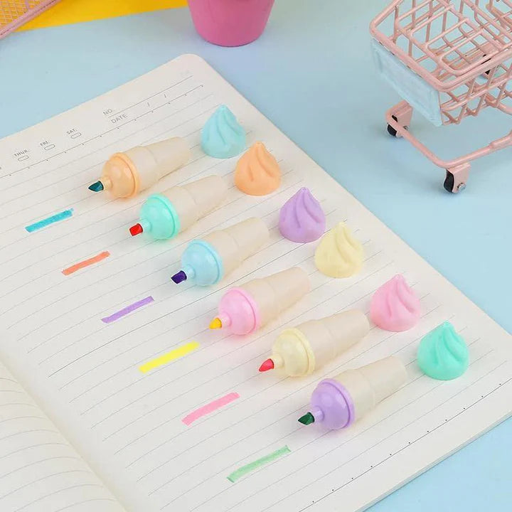 Ice Cream Highlighter Set – Kawaii Pastel Marker Pens (6 Colors)