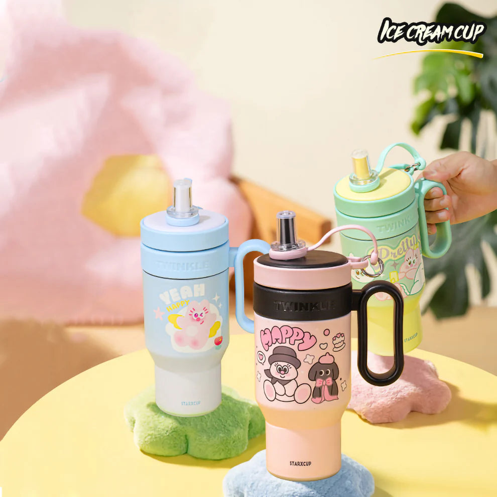 Cute Insulated Tumbler with Handle & Straw – 850ml