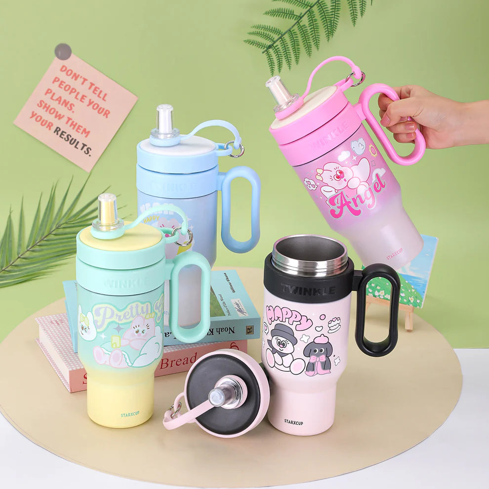 Cute Insulated Tumbler with Handle & Straw – 850ml