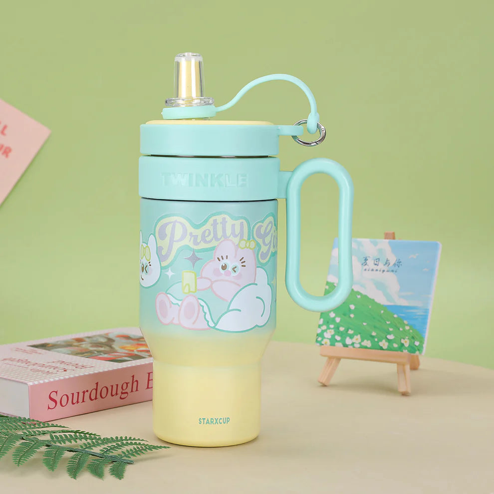 Cute Insulated Tumbler with Handle & Straw – 850ml
