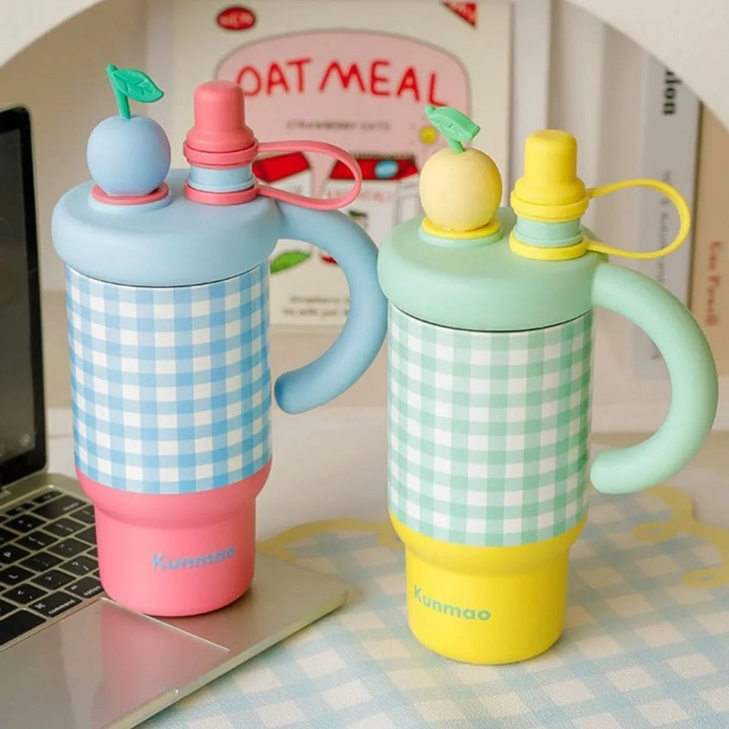Kawaii Gingham Apple Water Bottle with Straw & Handle – Cute Reusable Bottle